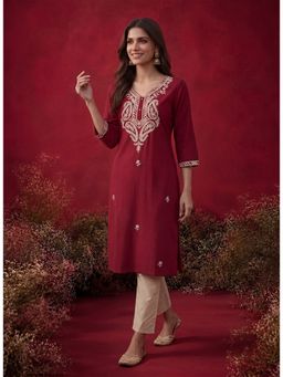 Lakshita - Fuchsia Pink Embroidered Cotton Straight Kurta with Pant