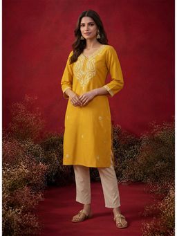 Lakshita - Yellow Embroidered Cotton Straight Kurta with Pant