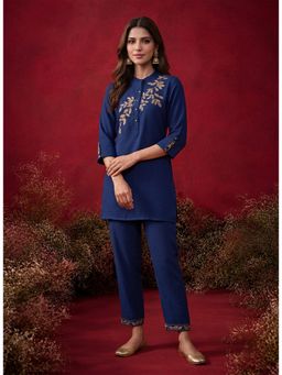 Lakshita - Navy Blue Embroidered Embellished Cotton Straight Co-Ord Set