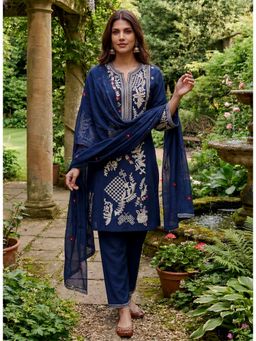 Lakshita - Navy Blue Floral Embroidered Kurta with Pant and Dupatta