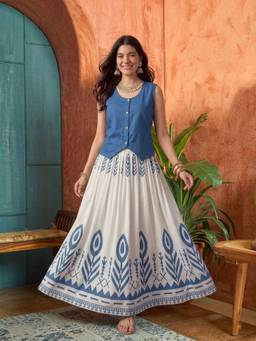 Stylum - Blue Solid Rayon Waistcoat With Printed Skirt