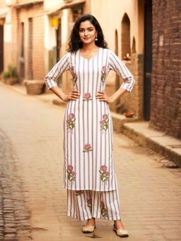 Mabish By Sonal Jain - Pink Floral Stripes Printed Straight Co-Ord Set