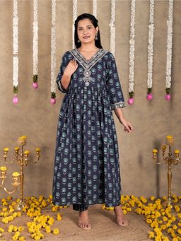 ARAMYA - Navy Blue Cotton Straight Floral Print Kurta with Pant and Dupatta