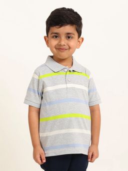 Campana - Boys Pablo Short Sleeves Polo T-Shirt - Broad Breton Stripes - Grey