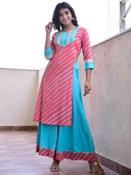 Mulmul - Aasma Coral Leheriya Kurta (Set of 2)