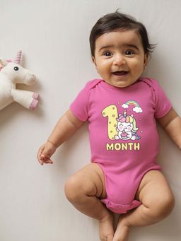 Zeezeezoo - Theme 1 Month Birthday Unicorn Printed Baby Romper - Pink (0-3 Months)