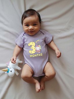 Zeezeezoo - Theme 3 Months Birthday Unicorn Printed Baby Romper - Lavender (3-6 Months)