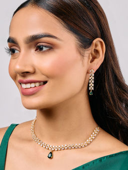 Azai by Nykaa Fashion - Gold Plated Green Stone American Diamond Necklace Drop Earrings Jewellery