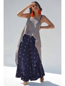 Aapro Label - Blue Bandhej Draped Pant With Block Printed Loop Top (Set of 2)