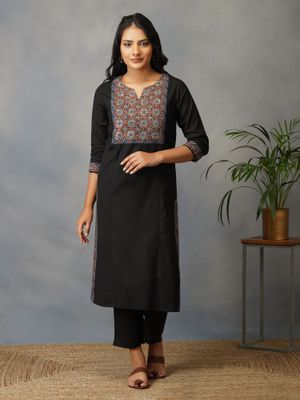 Black Ajrak Printed Satin A-line Kurta with Thread Embroidery