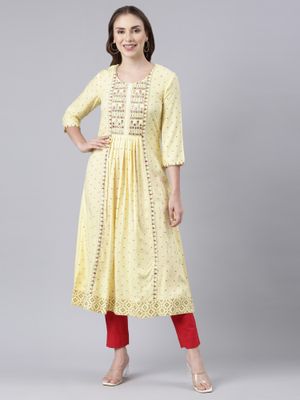 NEERU'S Yellow Panelled Straight Floral Kurta