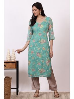 Aurelia - Women's Green Floral Foil Printed Georgette Straight Kurta