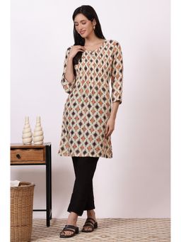 Aurelia - Women's Beige Bold Geometric Printed Modal Straight Kurta