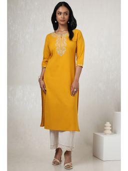 Soch - Women's Mustard Cotton Flex Embroidered Kurta with Sequins