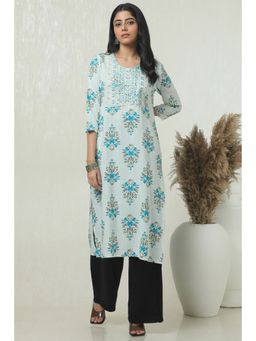 Soch - Women's Blue Rayon Botanical Print Kurta with Thread Work