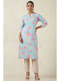 Soch - Women's Powder Blue Cotton Botanical Print Kurta