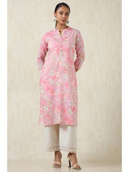 Soch - Women's Pink Cotton Botanical Print Kurta