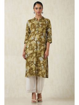 Soch - Women's Olive Cotton Botanical Print Kurta