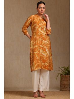 Soch - Women's Mustard Tissue Botanical Print Kurta
