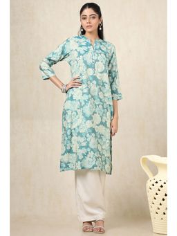 Soch - Women's Powder Blue Tissue Botanical Print Kurta