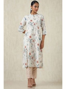 Soch - Women's Off White Linen Botanical Print Kurta