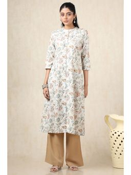 Soch - Women's Off White Linen Botanical Print Kurta