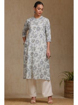 Soch - Women's Grey Linen Blend Botanical Print Kurta