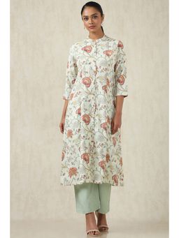 Soch - Women's Beige Linen Botanical Print Kurta
