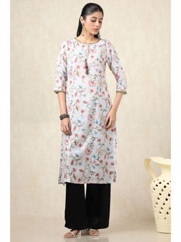 Soch - Women's Beige Linen Botanical Print Kurta