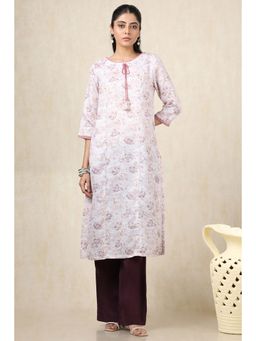 Soch - Women's Off White Linen Botanical Print Kurta