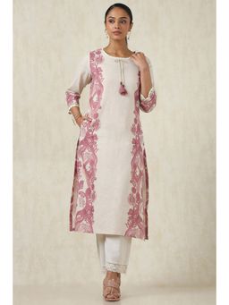 Soch - Women's Beige Linen Botanical Print Kurta