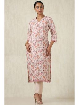 Soch - Women's Peach Linen Botanical Print Kurta