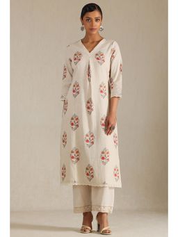 Soch - Women's Beige Linen Botanical Print Kurta with Beads