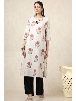 Soch - Women's Beige Linen Botanical Print Kurta