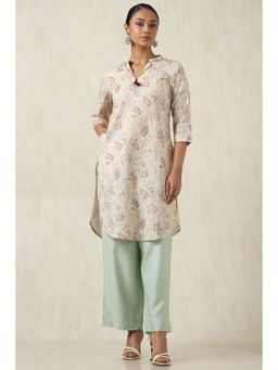 Soch - Women's Beige Cotton Linen Botanical Print Kurta With Beads
