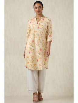Soch - Women's Beige Cotton Linen Botanical Print Kurta With Beads