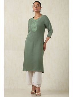 Soch - Women's Olive Cotton Kurta With Thread Work