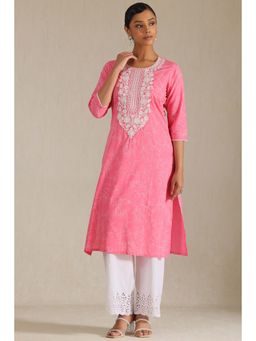 Soch - Women's Blush Pink Cotton Botanical Print Kurta With Thread Work