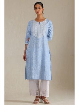 Soch - Women's Blue Cotton Botanical Print Kurta With Thread Work