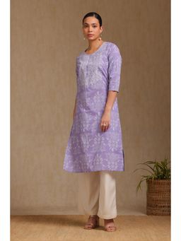 Soch - Women's Purple Pure Cotton Botanical Print Kurta With Thread Work