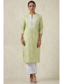 Soch - Women's Green Cotton Ethnic Motifs Kurta With Thread Work