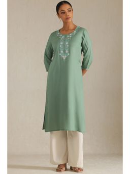 Soch - Women's Green Rayon Solid Kurta With Thread Work