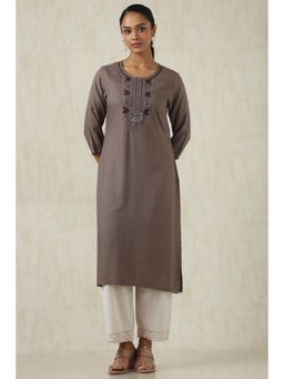 Soch - Women's Brown Rayon Solid Kurta With Thread Work
