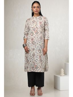 Soch - Women's Off White Linen Floral Print Kurta