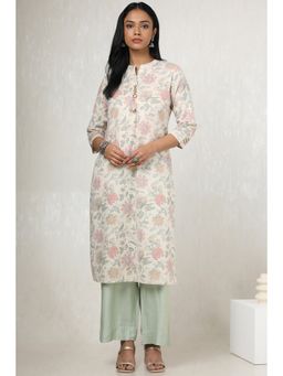 Soch - Women's Off White Linen Floral Print Kurta