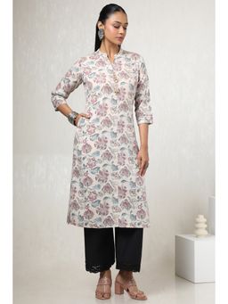 Soch - Women's Off White Linen Floral Print Kurta