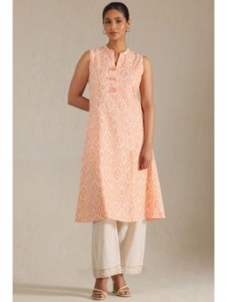 Soch - Women's Orange Linen Ikat Print Kurta & Unstitched Sleeves With Tassels