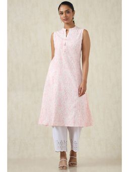 Soch - Women's Pink Linen Ikat Print Kurta & Unstitched Sleeves With Tassels