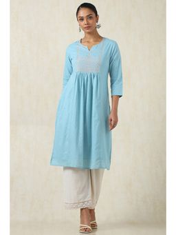 Soch - Women's Powder Blue Cotton Dobby Solid Kurta With Sequins