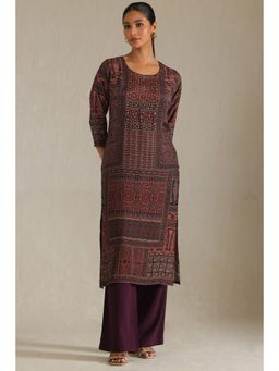 Soch - Women's Wine Muslin Botanical Print Kurta With Stone Work